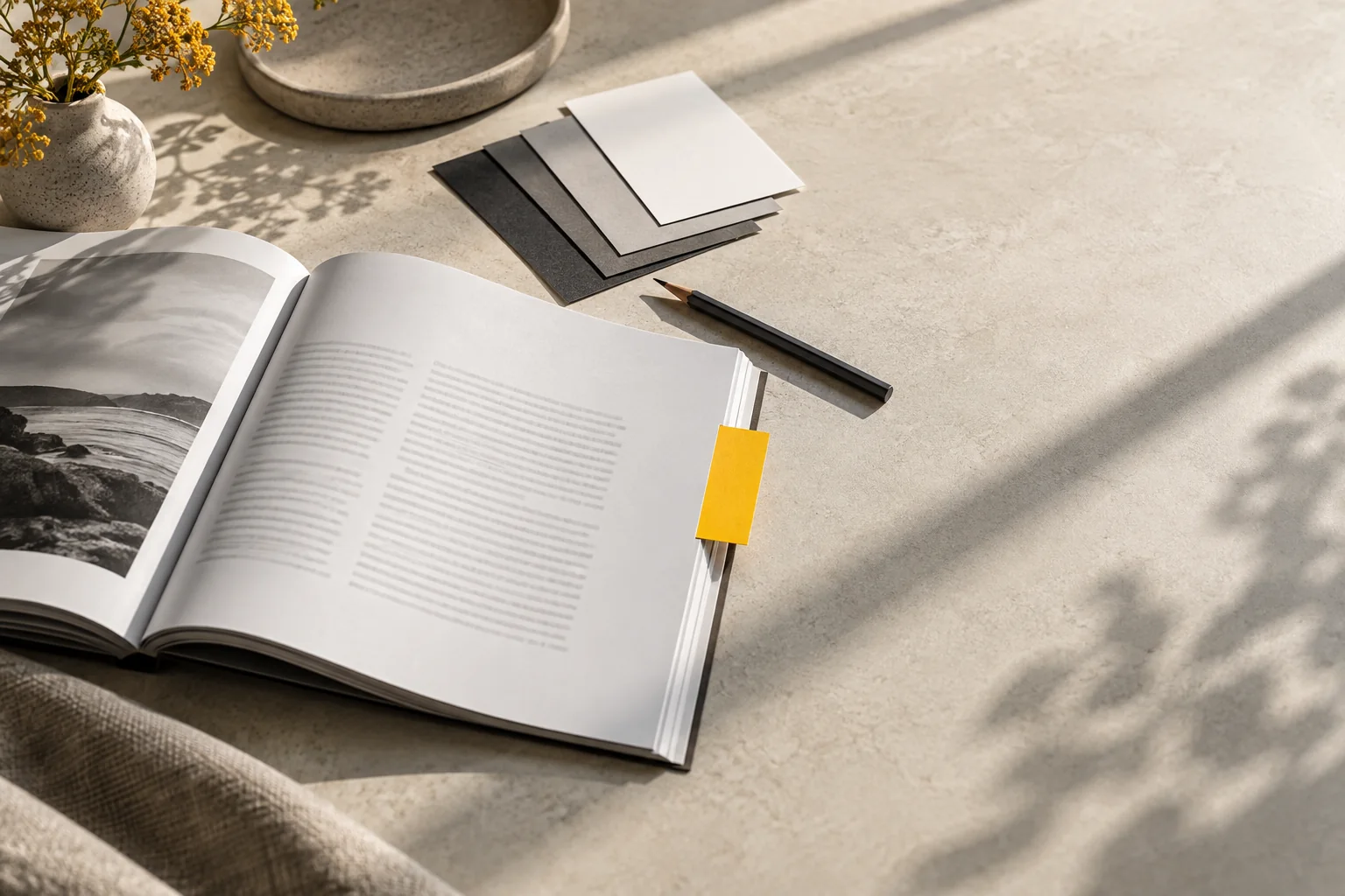 An open publication proof with a yellow page marker and pencil